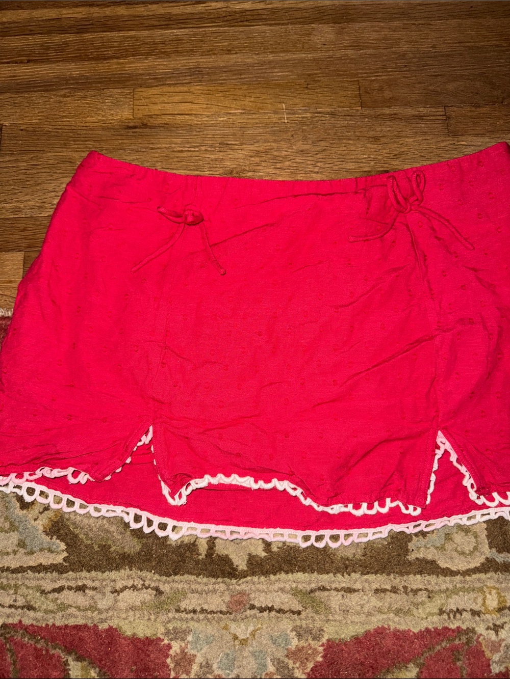 West of Melrose Red Swiss Dot Skirt | Crochet Lace Trim | Size Large